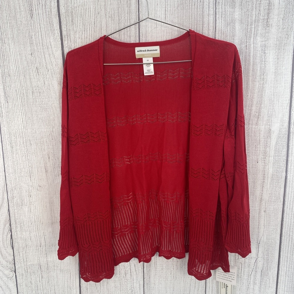 Alfred Dunner Cardigan Sweater Womens 1X Red Pointelle Spring Knit Open Front